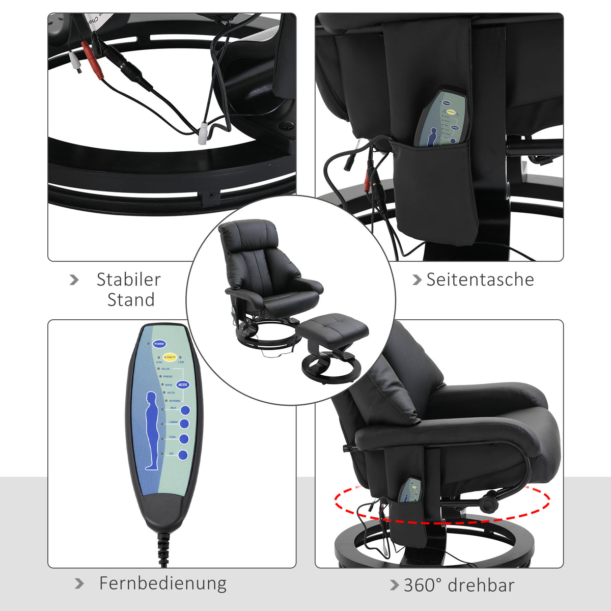 Massagesessel mit Fußhocker – 10 Vibrationspunkte, 145° verstellbare Rückenlehne, Schwarz