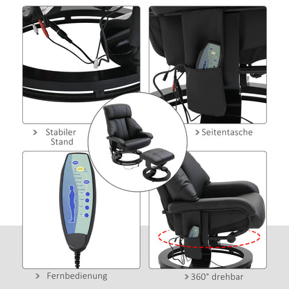 Massagesessel mit Fußhocker – 10 Vibrationspunkte, 145° verstellbare Rückenlehne, Schwarz