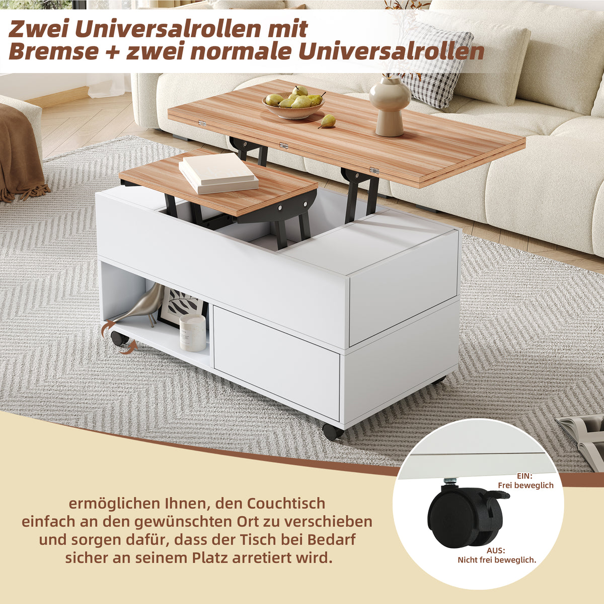 Multifunktionaler Couchtisch 100 × 50 × 52 cm mit 4 Rollen, 4 Schubladen und ausklappbarer Tischplatte in Weiß und Eiche