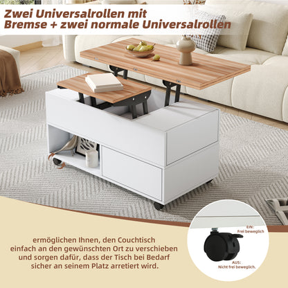 Multifunktionaler Couchtisch 100 × 50 × 52 cm mit 4 Rollen, 4 Schubladen und ausklappbarer Tischplatte in Weiß und Eiche