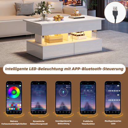 Höhenverstellbarer Couchtisch 100 × 50 × 46 cm mit LED, 2 Schubladen und Stauraum