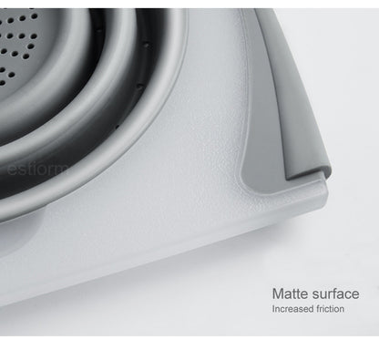 Multifunktionales 3-in-1-Schneidebrett mit faltbarem Abtropfsieb