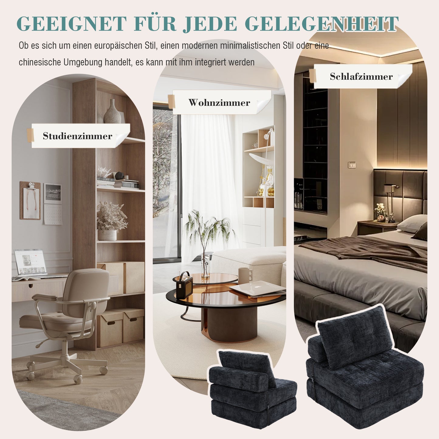Klappbares Schlafsofa mit Kissen und Rückenlehne, tragbares Bodensofa für Wohnzimmer und Schlafzimmer, Schwarz, Chenille