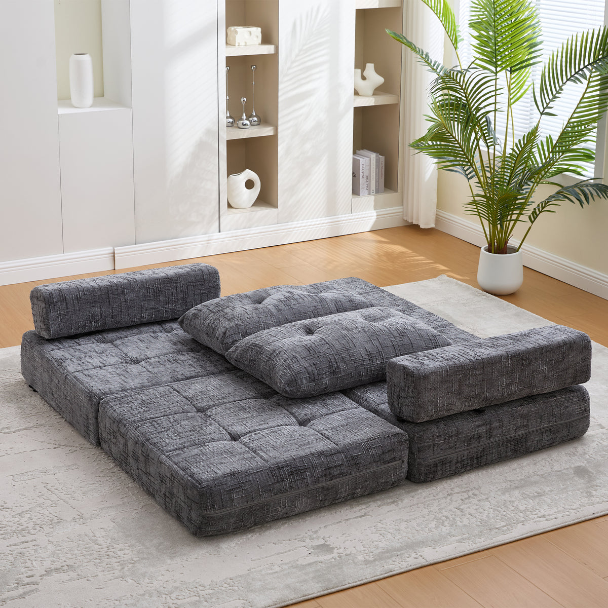 Faltbares Schlafsofa mit Kissen – Bodenmatte mit Rückenlehne, Grau Chenille