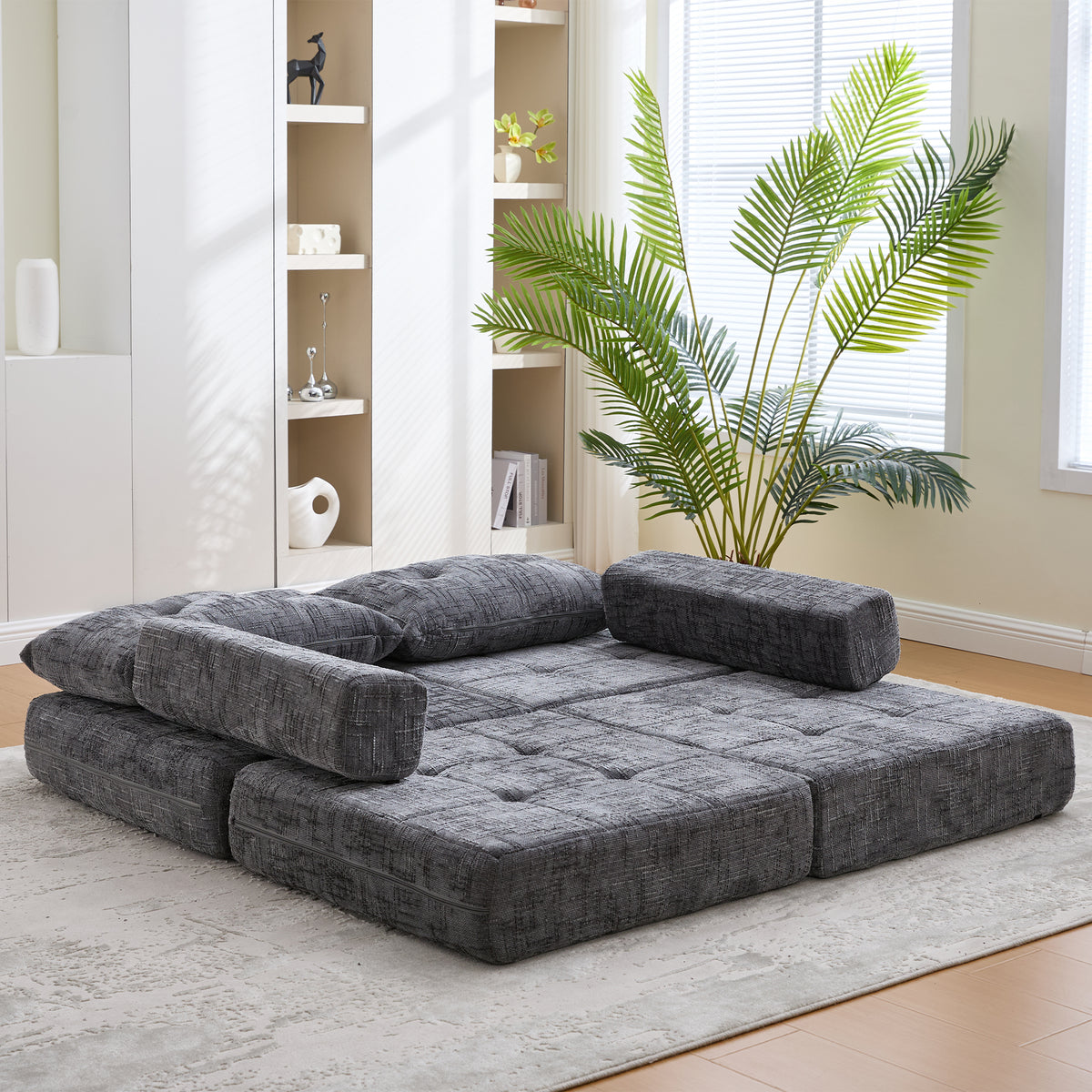 Faltbares Schlafsofa mit Kissen – Bodenmatte mit Rückenlehne, Grau Chenille