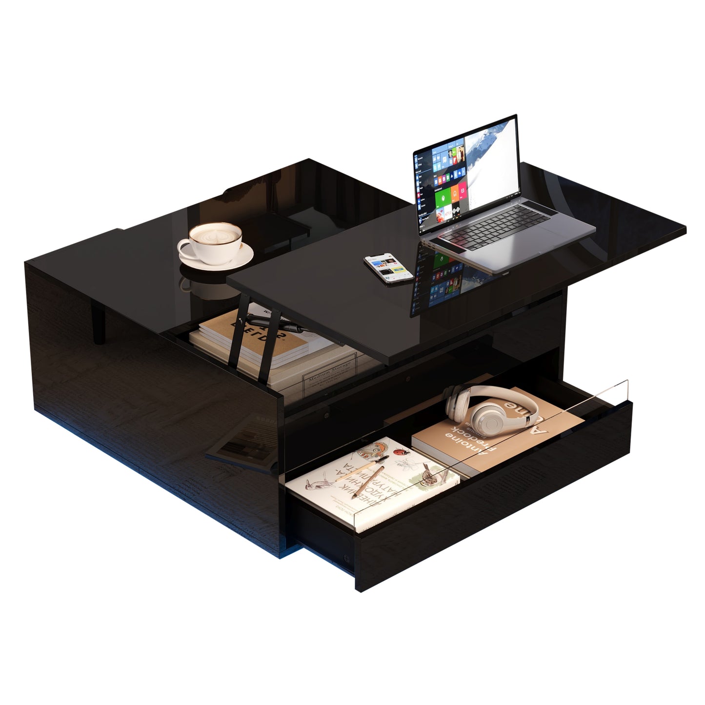 Couchtisch 70 x 70 x 38 cm mit LED-Beleuchtung, Hubfunktion, Schublade und Stauraum, Schwarz
