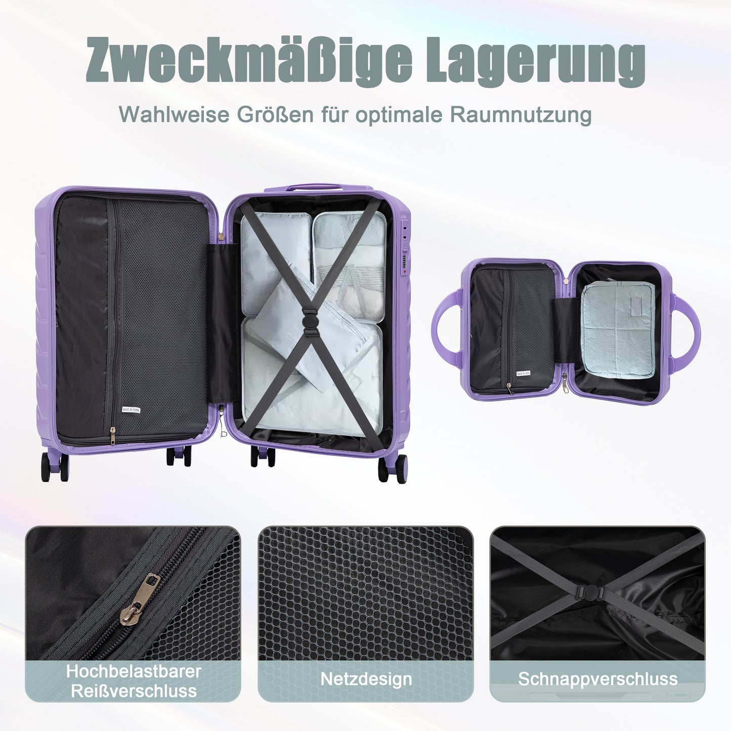 2-teiliges ABS-Kofferset 14 und 19 Zoll mit Zahlenschloss und 14-Zoll-Kosmetiktasche, Blau/Lila