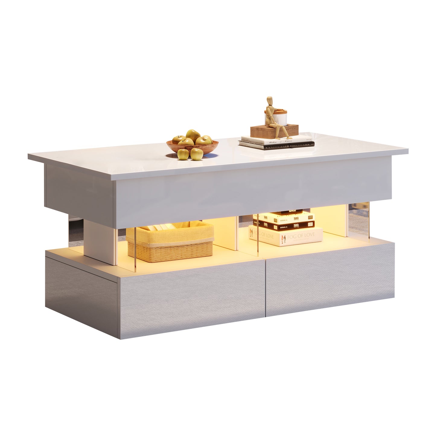 Höhenverstellbarer Couchtisch 100 × 50 × 46 cm mit LED, 2 Schubladen und Stauraum