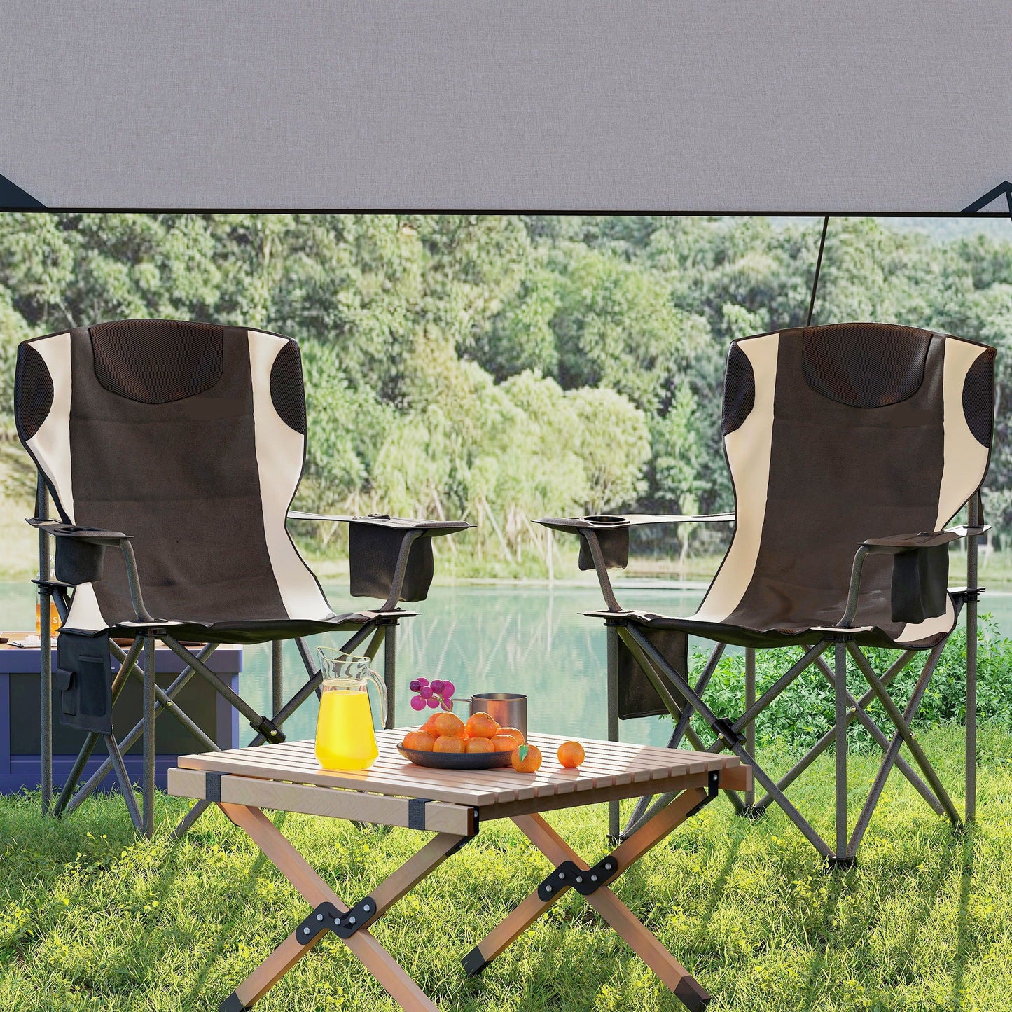 2er-Set Klapp-Campingstühle mit Armlehnen, Getränkehalter, Kopfstütze und Kühltasche in Schwarz