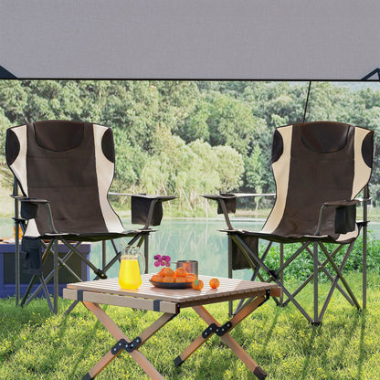 2er-Set Klapp-Campingstühle mit Armlehnen, Getränkehalter, Kopfstütze und Kühltasche in Schwarz