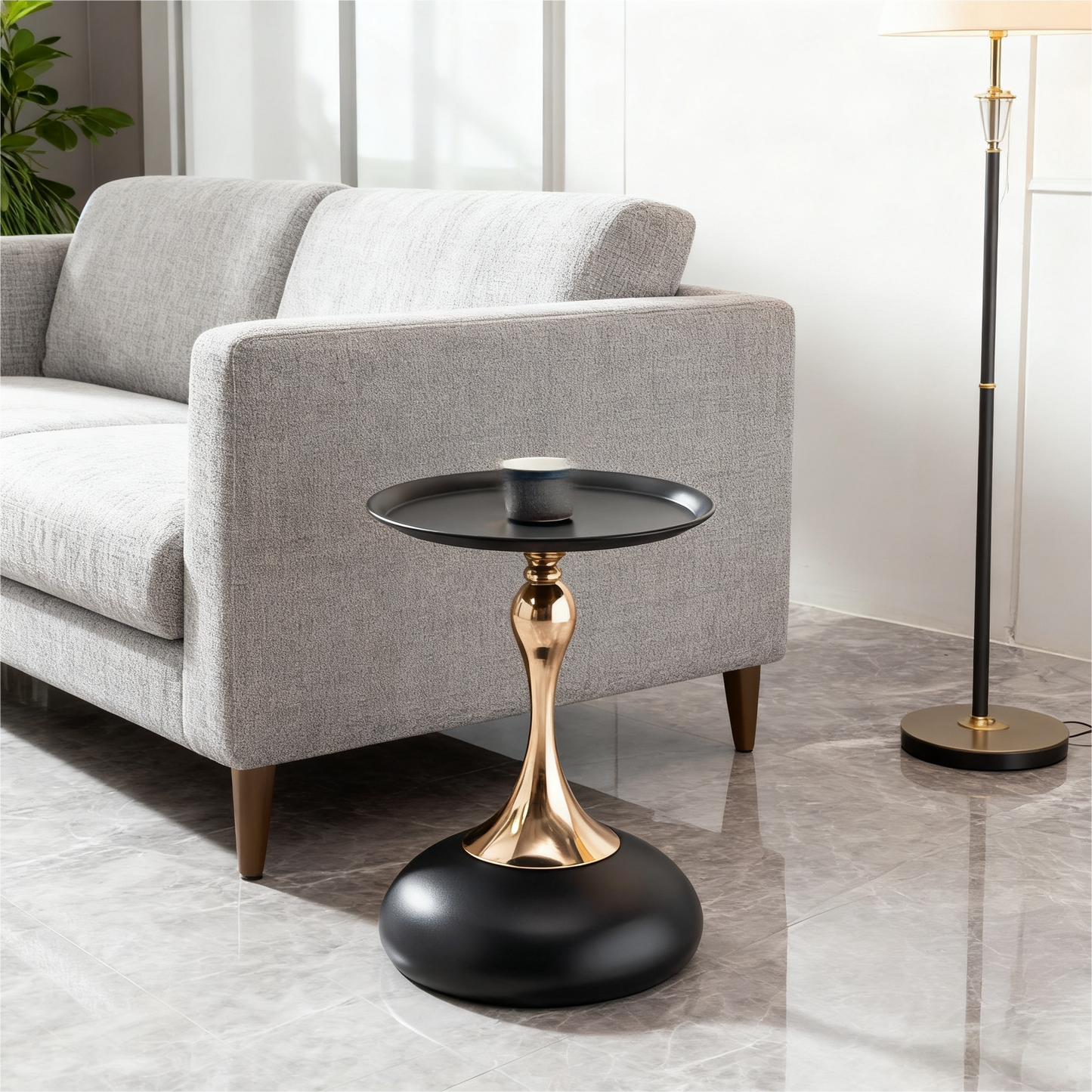 Runder Beistelltisch 38 cm in Schwarz-Gold mit Metallbasis