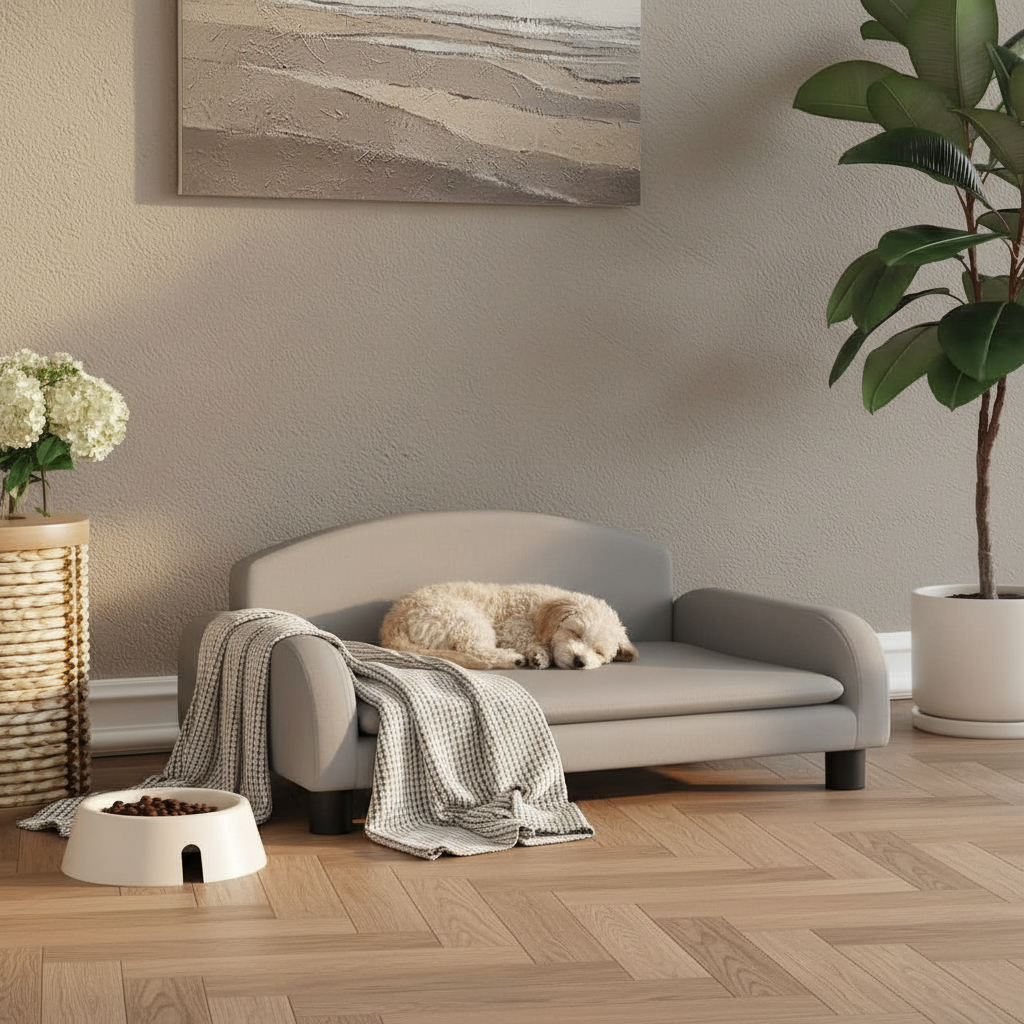 Hundebett mit Holzrahmen | 70 × 45 × 30 cm | Schlaffläche 56 × 38 cm | Dunkelgrau / Hellgrau