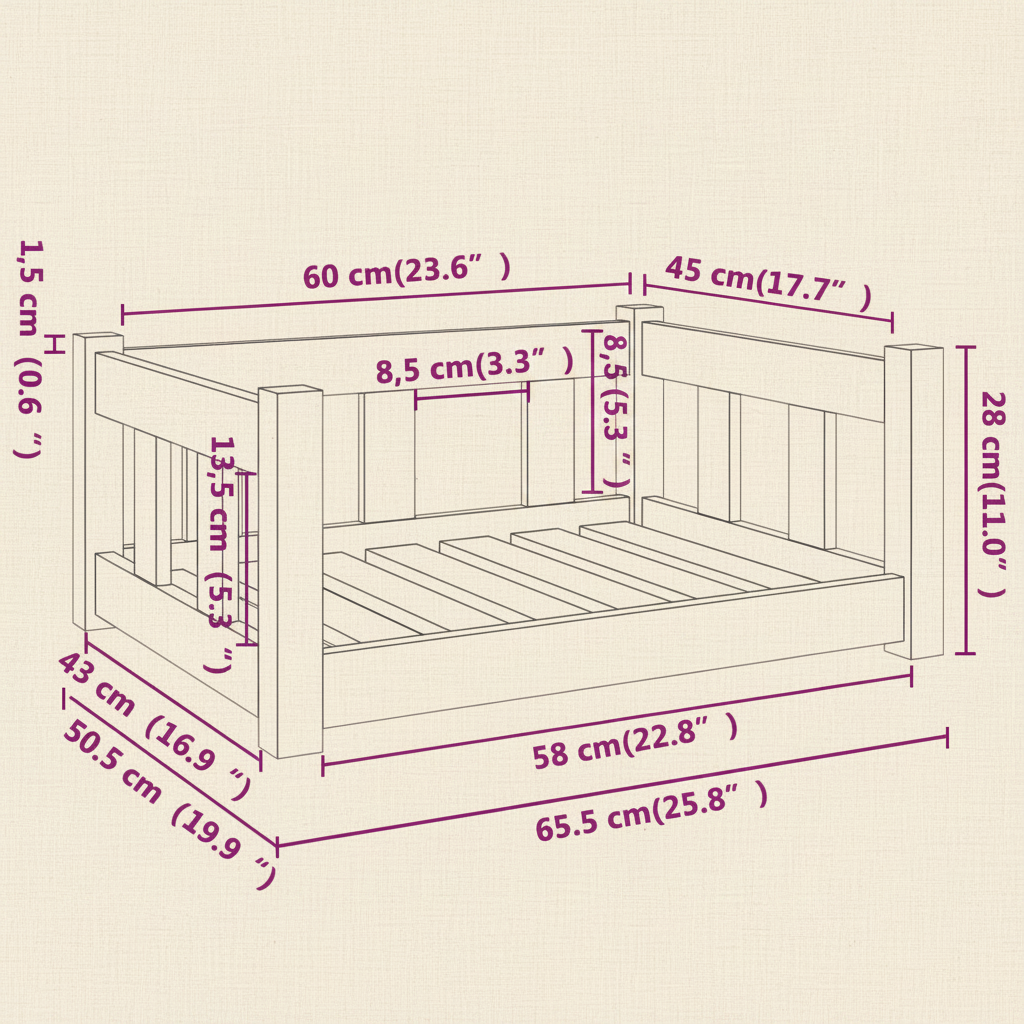 Hundebett aus massiver Kiefer | 65,5 × 50,5 × 28 cm | Natur