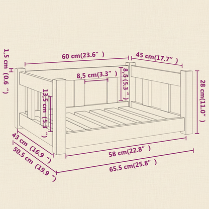 Hundebett aus massiver Kiefer | 65,5 × 50,5 × 28 cm | Natur